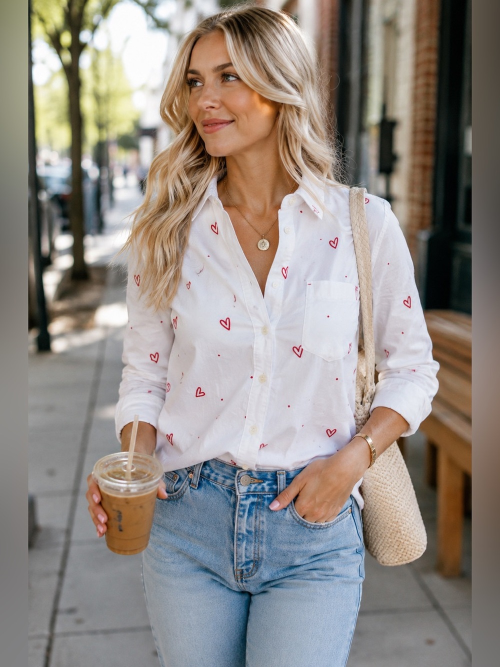 J. Crew Embroidered White Heart-Print Button-Up Shirt - Casual Women’s Top